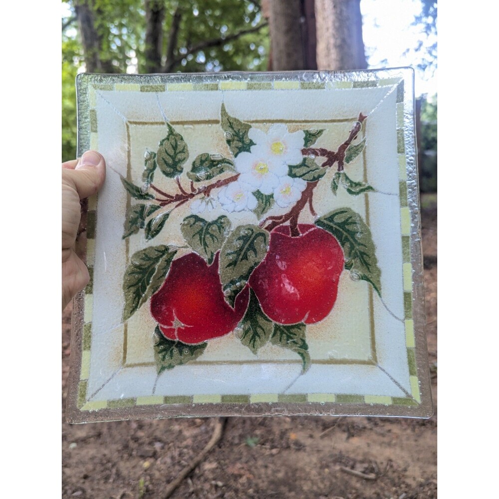 Peggy Karr Fused Glass Plate Square 8" Red Apples Blossoms Art Tray With Box